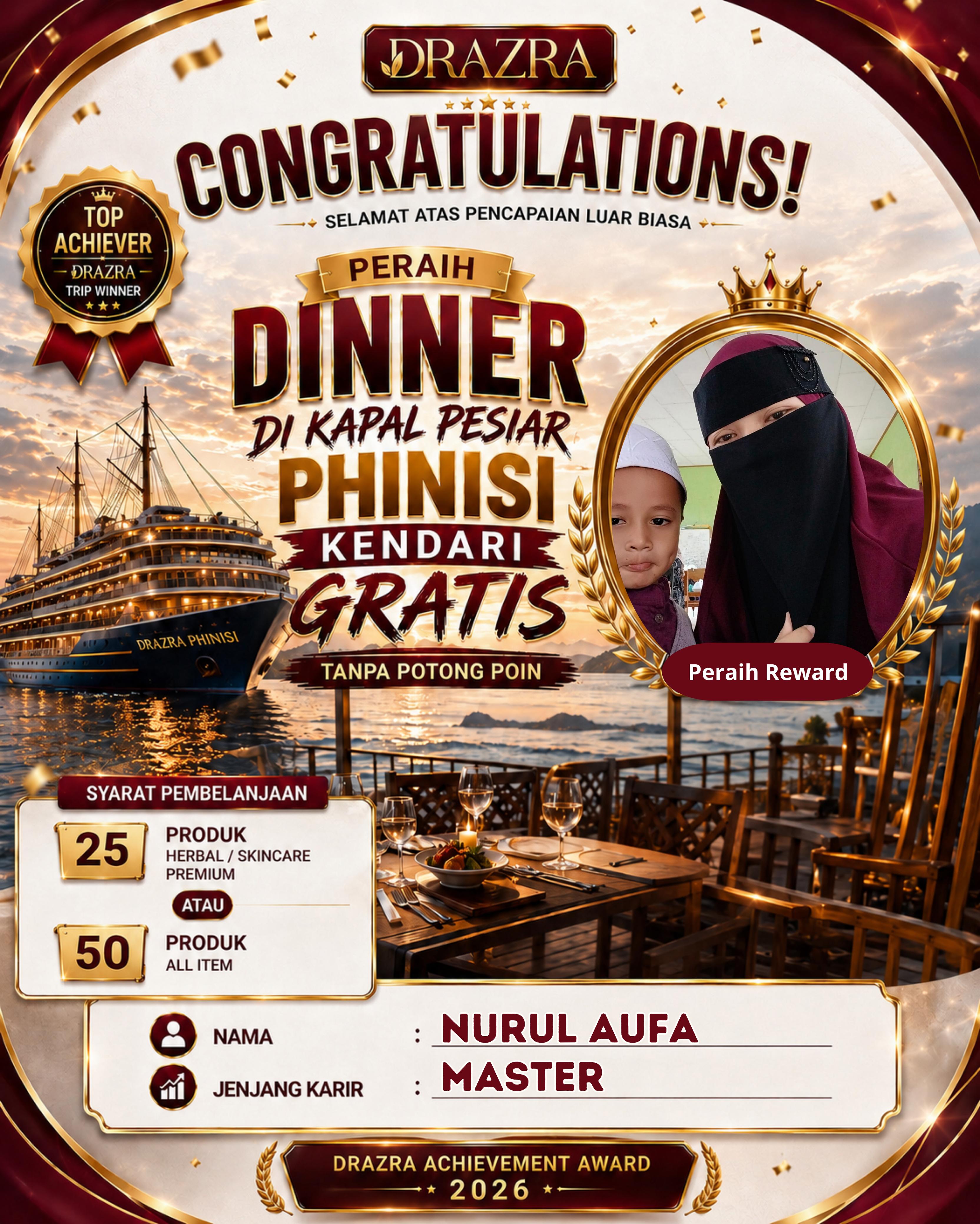 Pencapaian dan reward Nurul Aufa