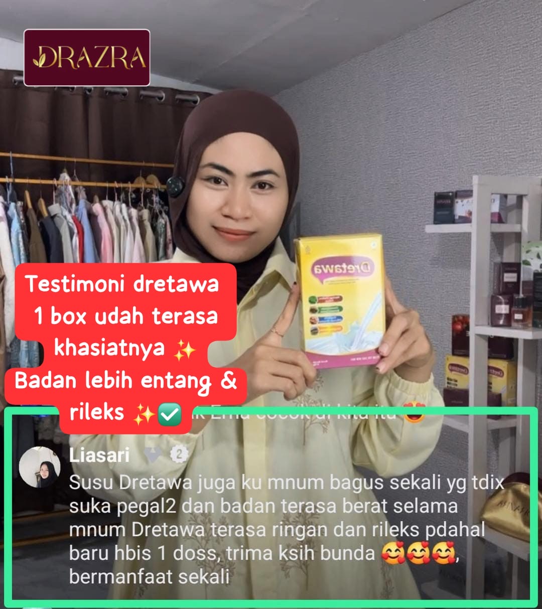 Testimoni pelanggan DRAZRA dari landing page Sahrini
